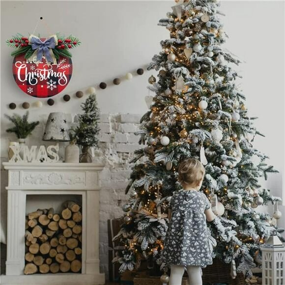 Merry Christmas Wreaths for Front Door Buffalo Plaid Christmas Decorations (Red) - Picture 2 of 6